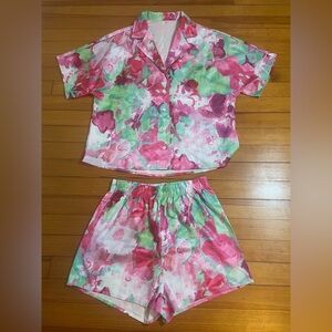 NWT Commense Women's Floral Pink Green White Shorts Set SZ Small Leisure Resort